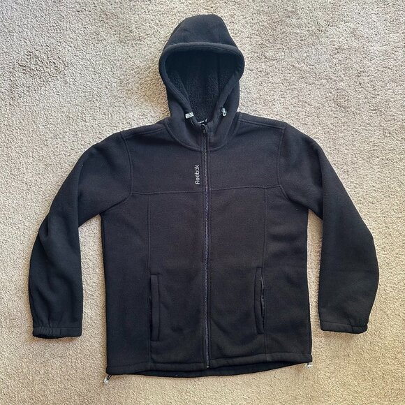 Reebok Jacket Mens Medium Full Zip Mock Neck Fleece Hood Black Pockets Sporty - Picture 1 of 11
